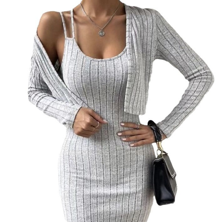 Fitted maxi dress for women with registered ribbed structure and lightweight cardigan Lune London