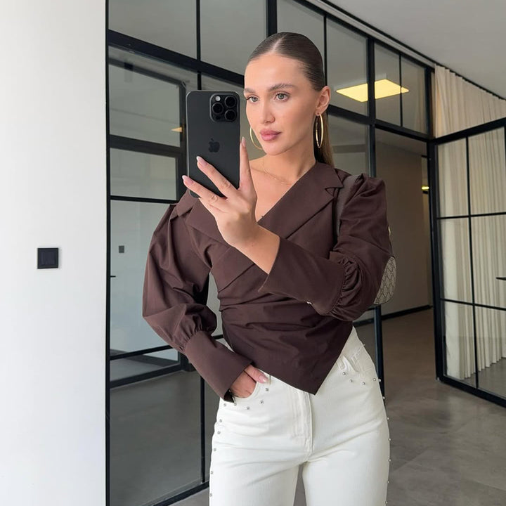 Lune London Elegant wrap blouse for women with asymmetric cut and puff sleeves