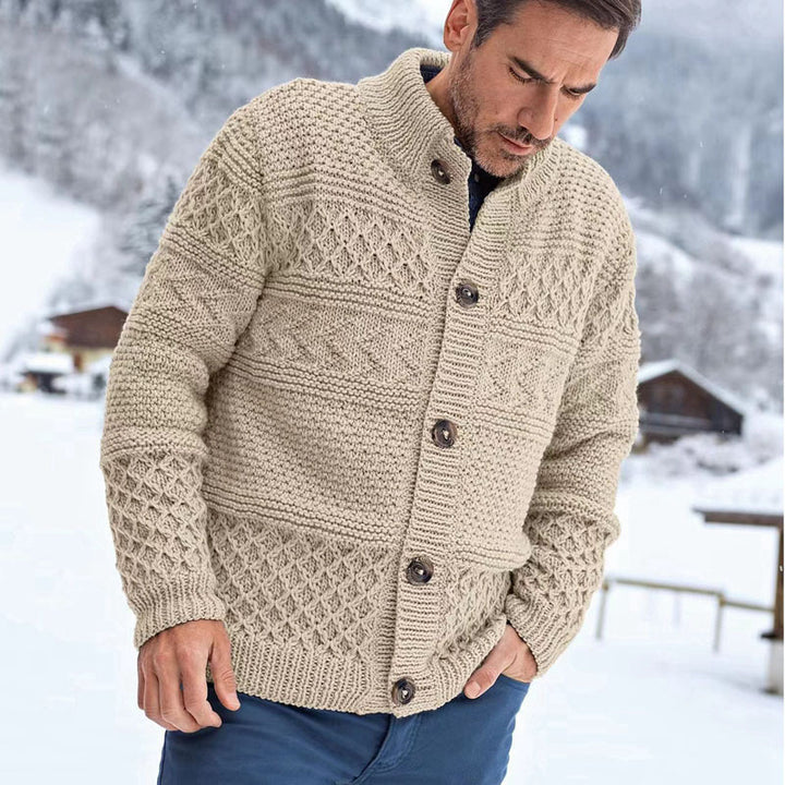 Knitted jacket for men with an elaborate cable pattern and a high collar Lune London