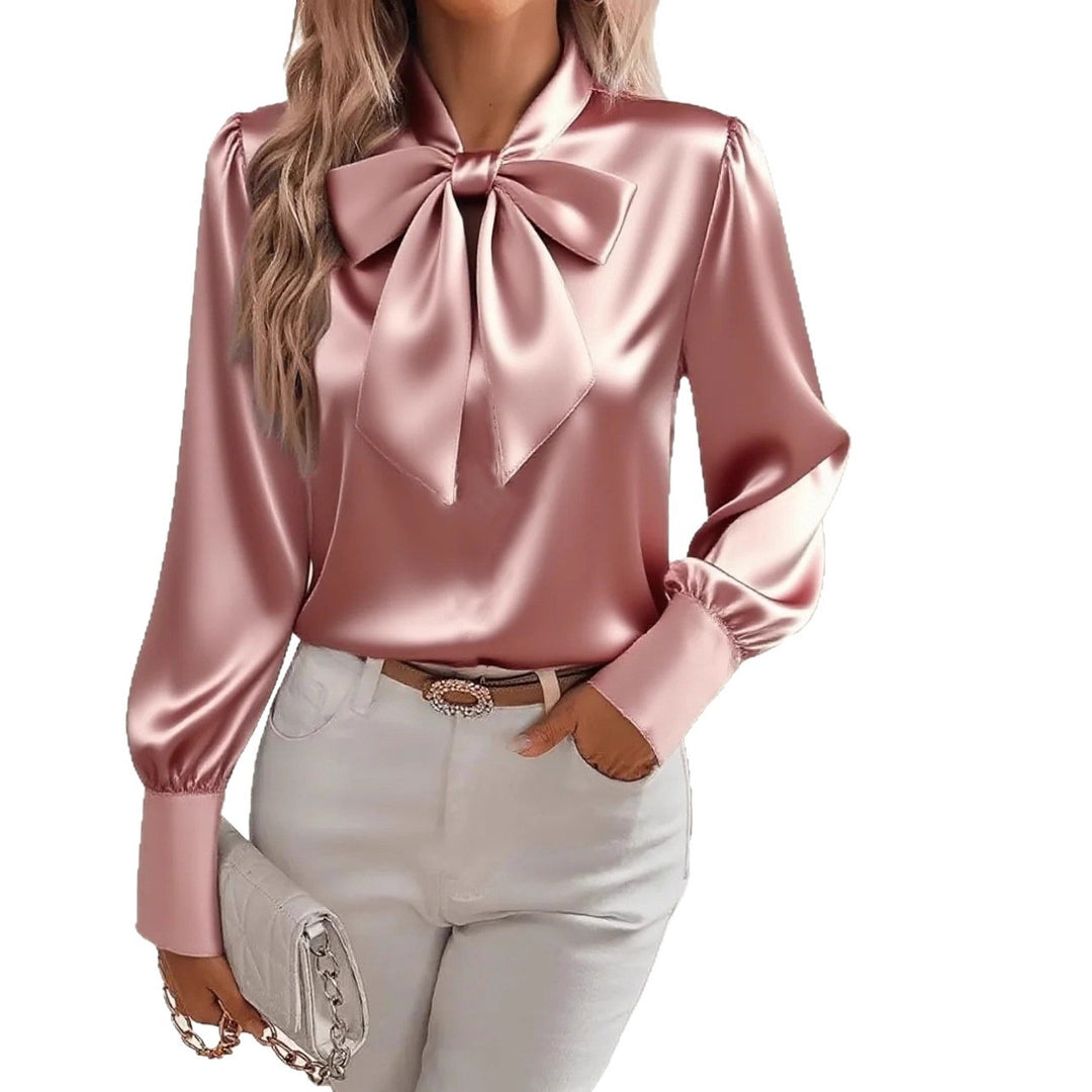 Women elegant satin blouse with bow collar and puff sleeves Lune London