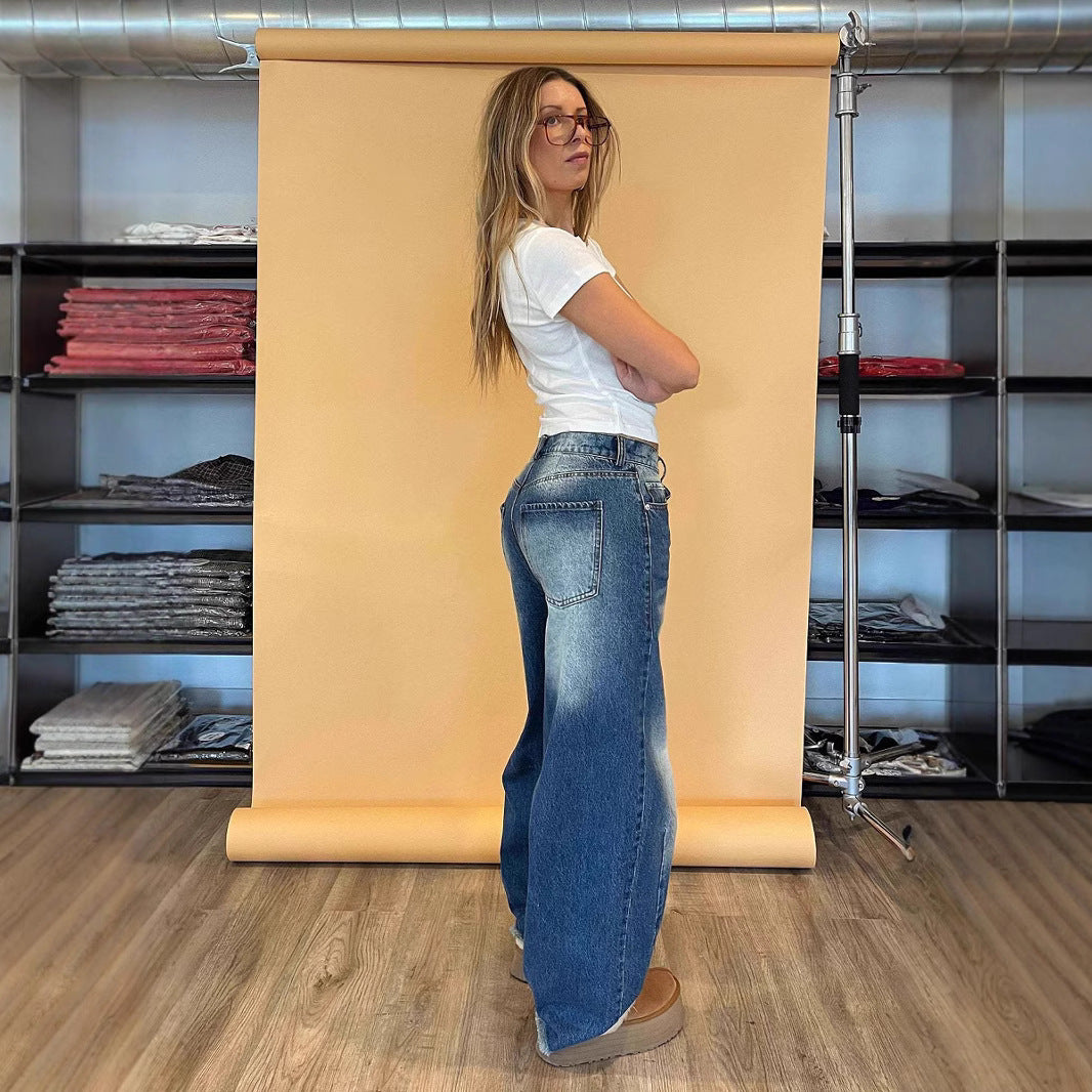 Ladies fashionable wide jeans with unique cut and high waistband Lune London