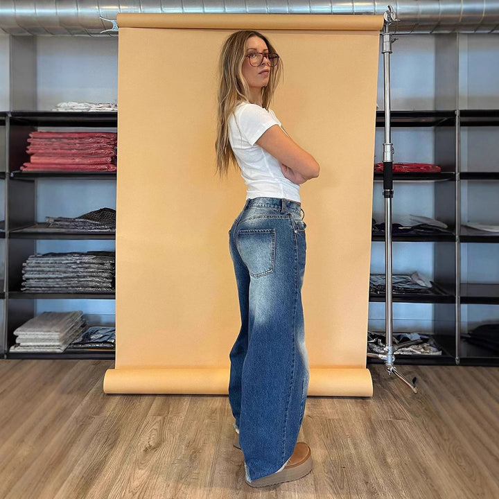 Ladies fashionable wide jeans with unique cut and high waistband Lune London