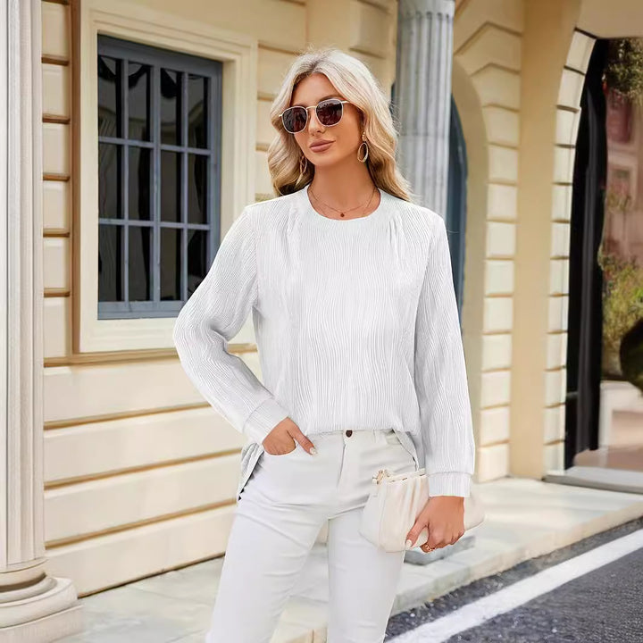 Ladies Elegant Long Sleeve Blouse with Fine Ribbed Structure and Chic Side Slits and Style