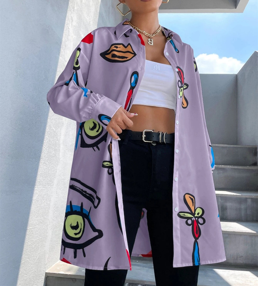 Trendy checkered blouse for women with a colorful graphic design Lune London