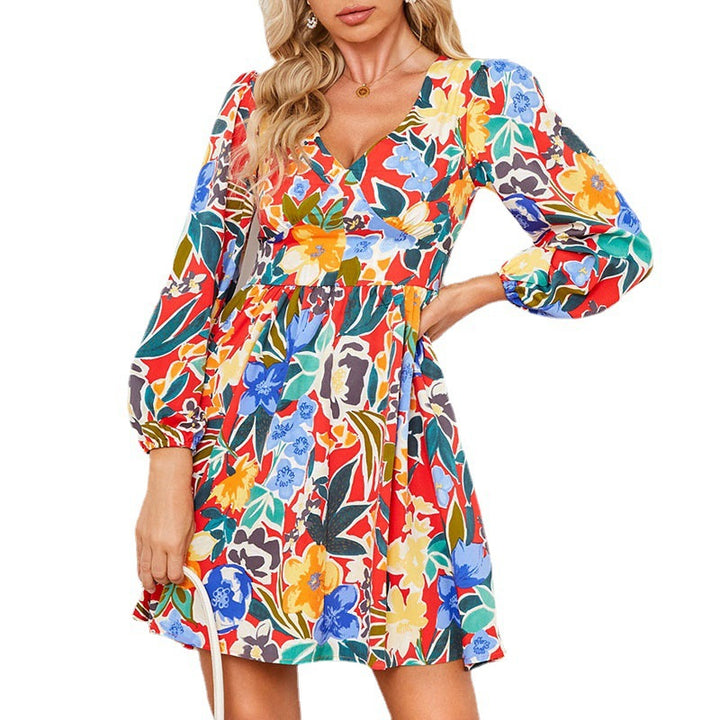 Short dress for women with narrow V-neck and long puff sleeves Lune London