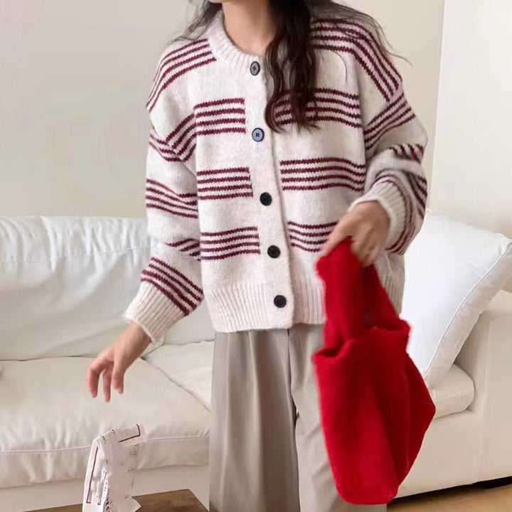 Fashionable knit jacket for women with a fine striped texture and decorative buttons Lune London