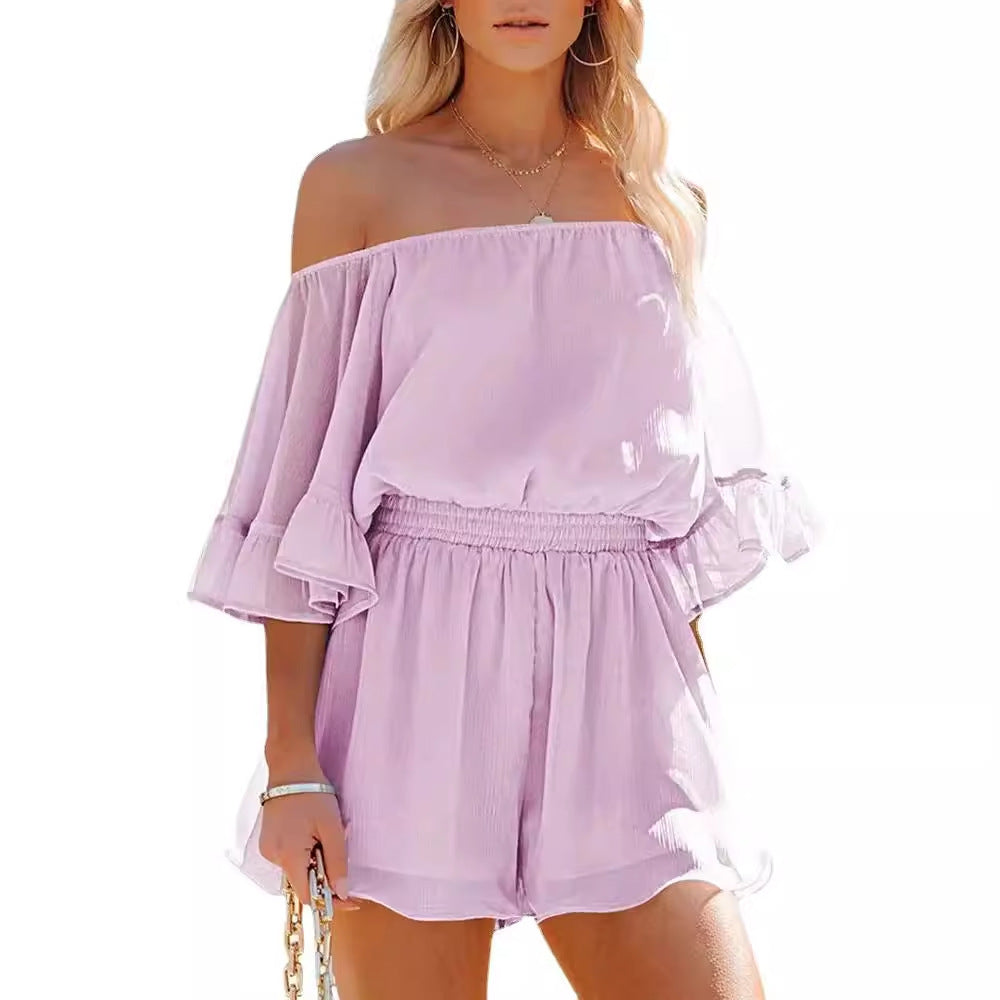 Women Off-Shoulder Short Jumpsuit with Puffy Sleeves Chic & Stylish