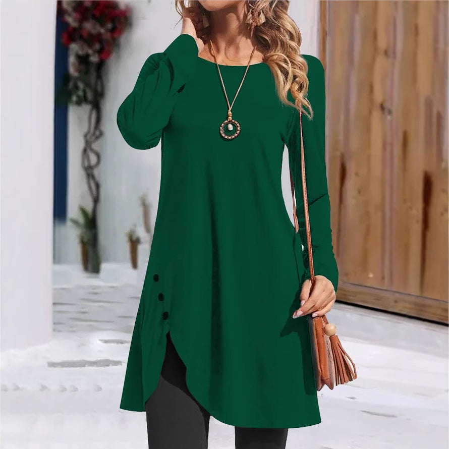 Ladies long tunic with long sleeves in fashion with playful button details Lune London