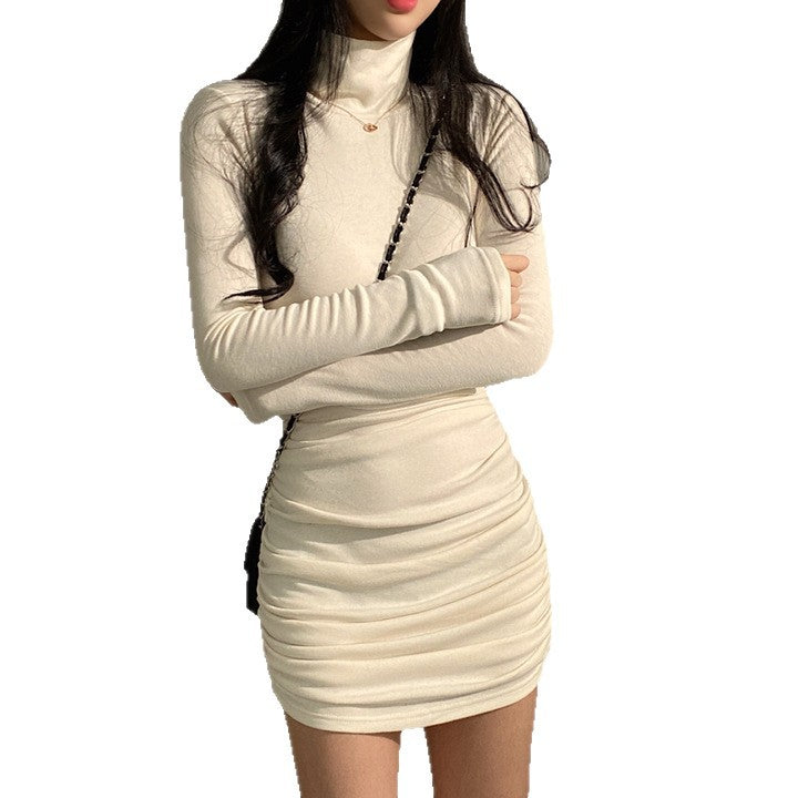 Women's Long Sleeve Turtleneck Top with Elegant Gathering Effect and Soft Material
