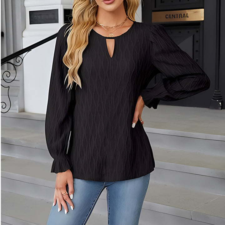 Ladies elegant long sleeve shirt in textured fabric with keyhole neckline Lune London