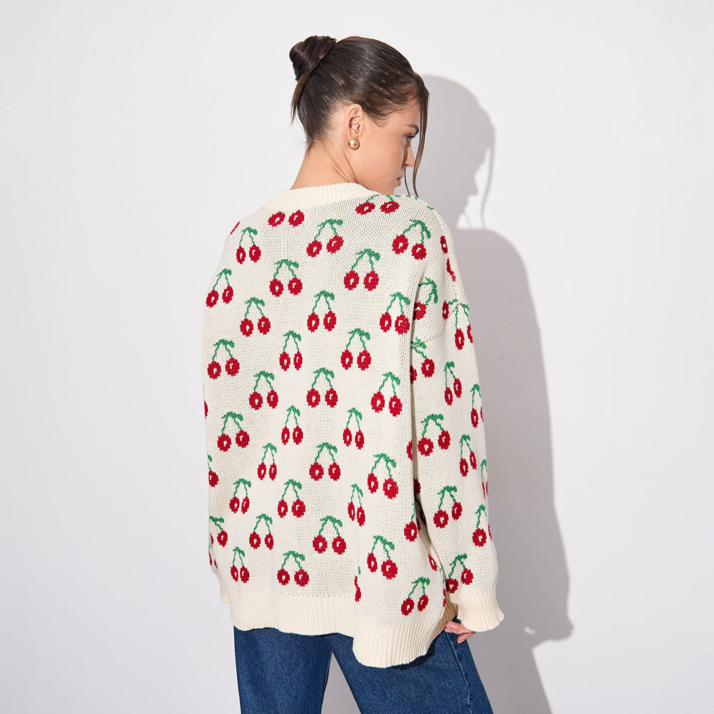 Ladies Cozy Knitted Sweater with Cherry Pattern Lune London
