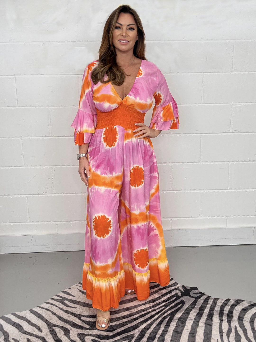 Ladies Elegant Maxi Dress with Floral Pattern and Deep V Neck Lune London