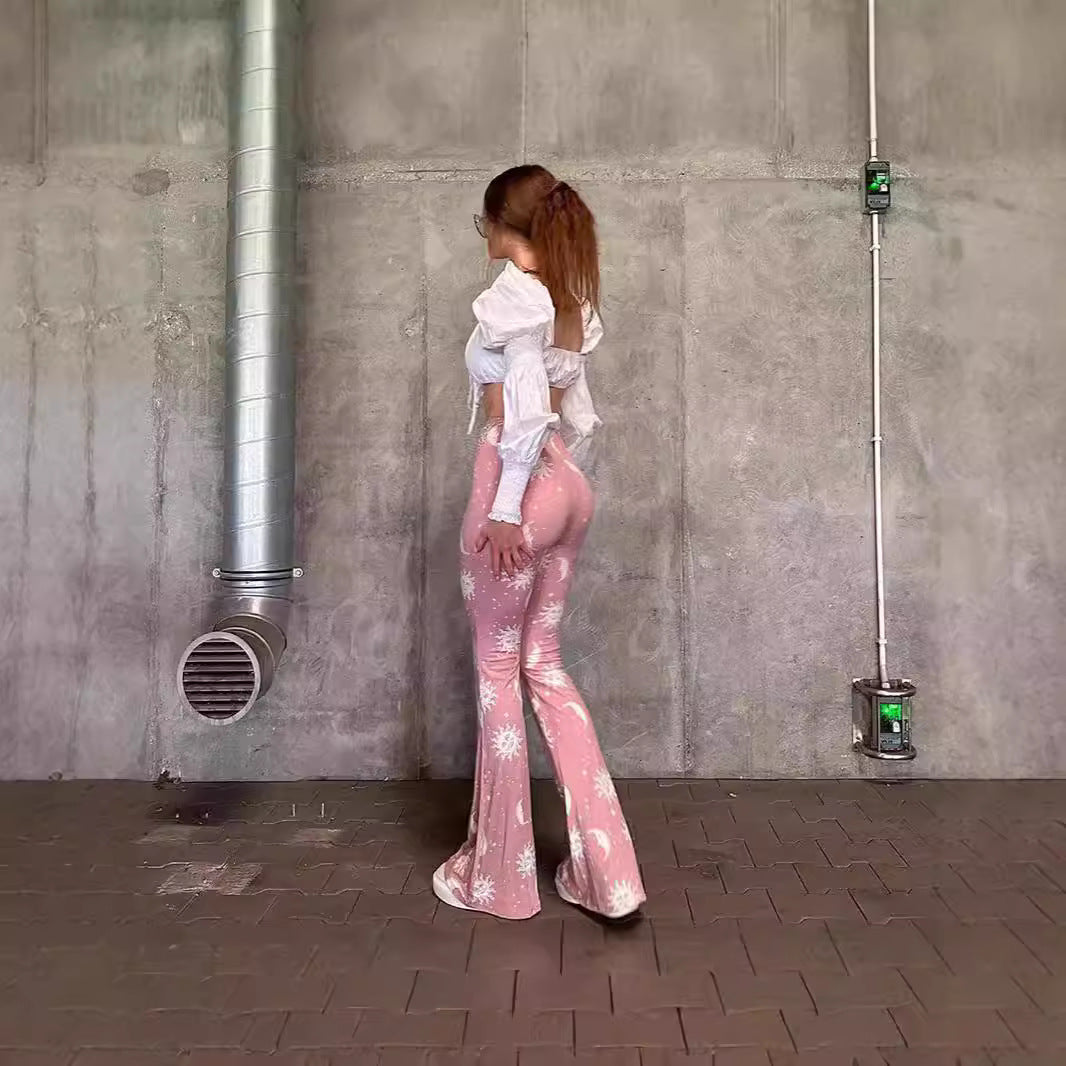 Bootcut pants for women with artistic moon and sun design Lune London