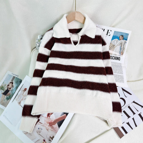 Pull rayé pour femmes avec col polo moderne et taille élastique Chic & Stil