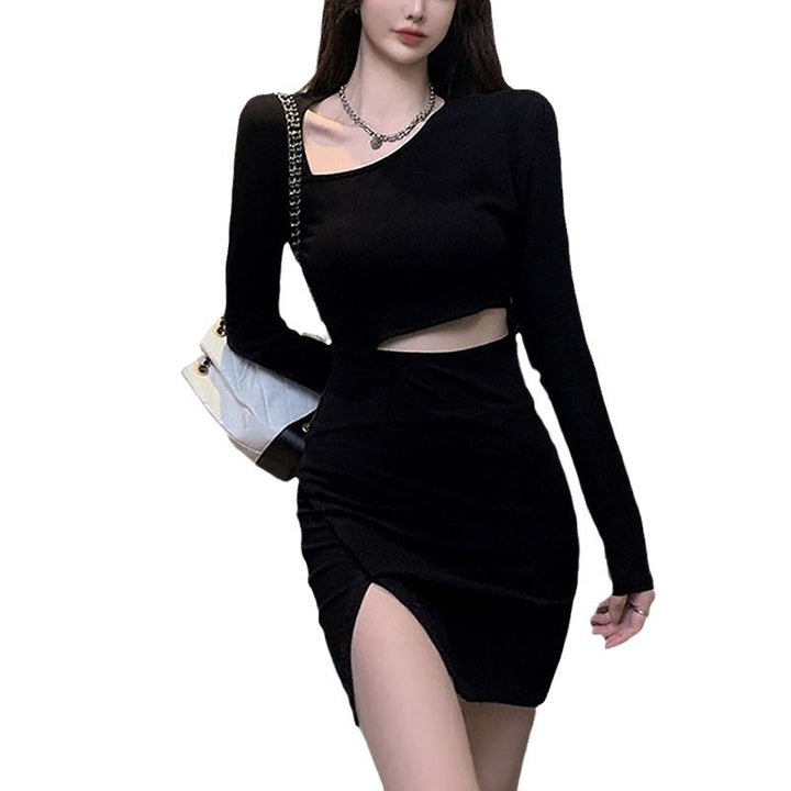 Women's dress with asymmetrical neckline and side slit