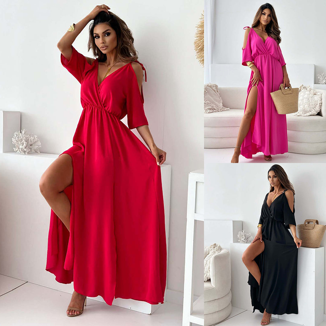 Elegant maxi dress for women with deep V-neck and slit Lune London