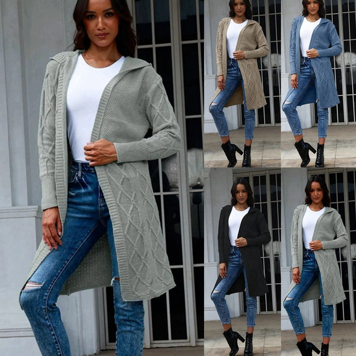 Knit coat for women with an elegant braid design and a comfortable hood Lune London