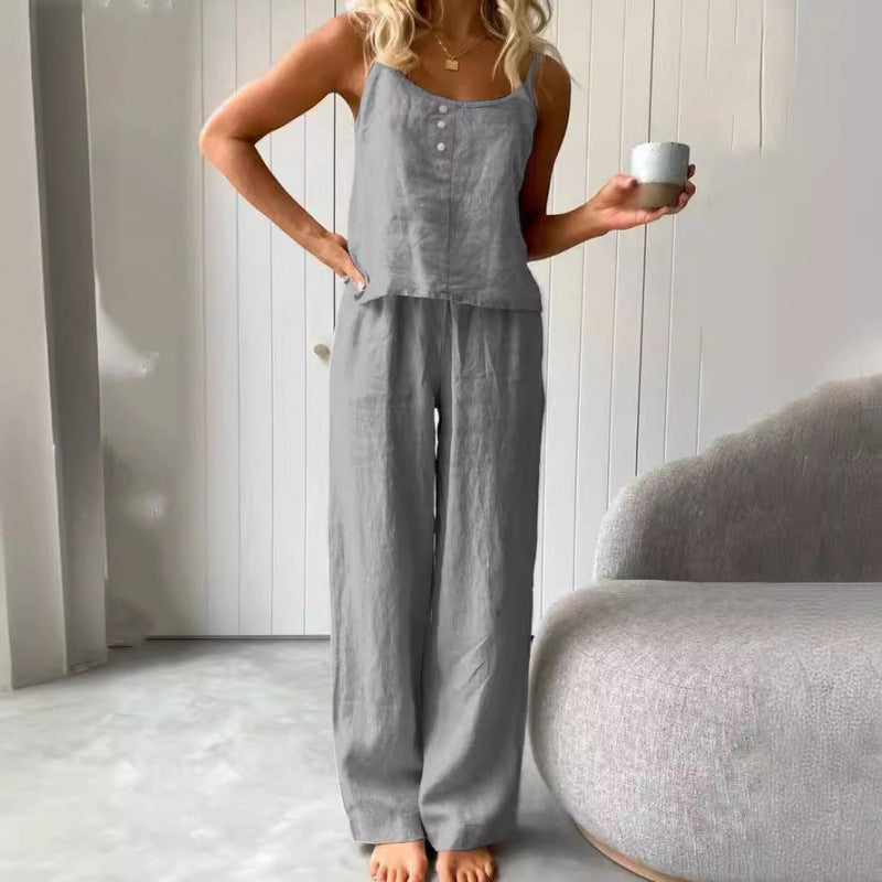 Casual linen set for women with strapless blouse and wide leg pants Lune London