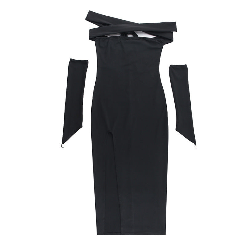 Elegant ladies maxi dress with off-shoulder neckline and long slit Lune London