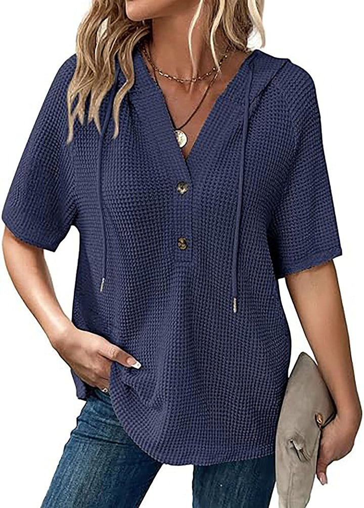 Short-sleeve blouse with embossed structure for ladies with hood and button placket Lune London