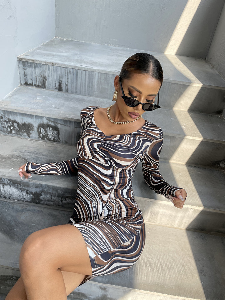 Ladies Long Sleeve Abstract Print Mini Dress Lune London