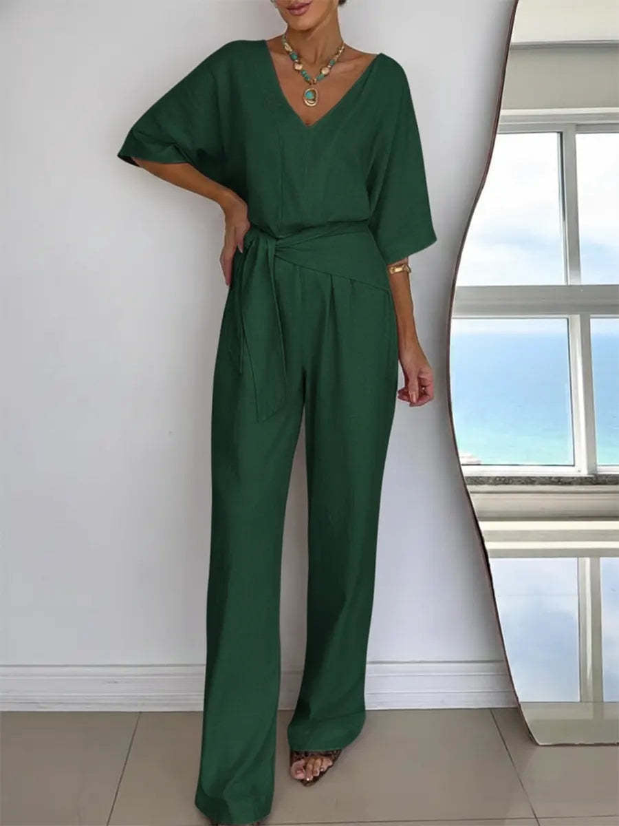 Women Elegant Jumpsuit with Tailored Cut and Wrap Belt Chic & Stil
