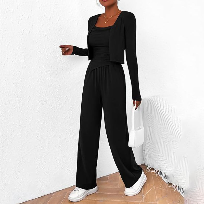 Women Comfortable Jumpsuit with Sleeveless Blouse and Open Cardigan Lune London