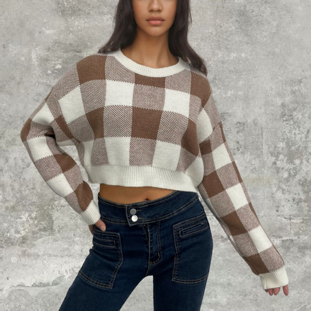 Lune London long sleeve cropped sweater for women with checked pattern