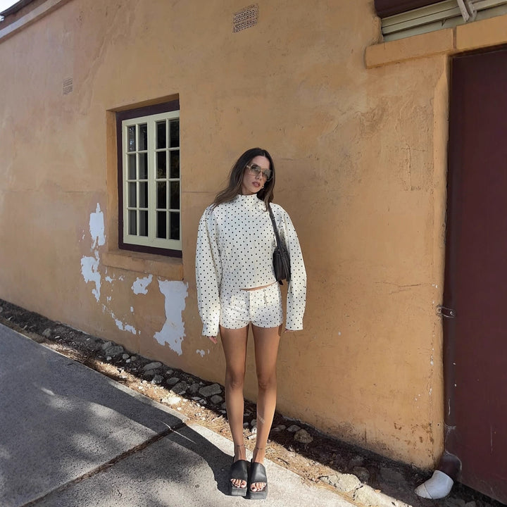 Short women's jacket with a modern polka dot design and high collar Lune London