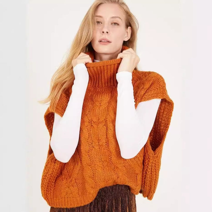 Trendy knitted sweater for women with high collar and cable knit pattern Lune London