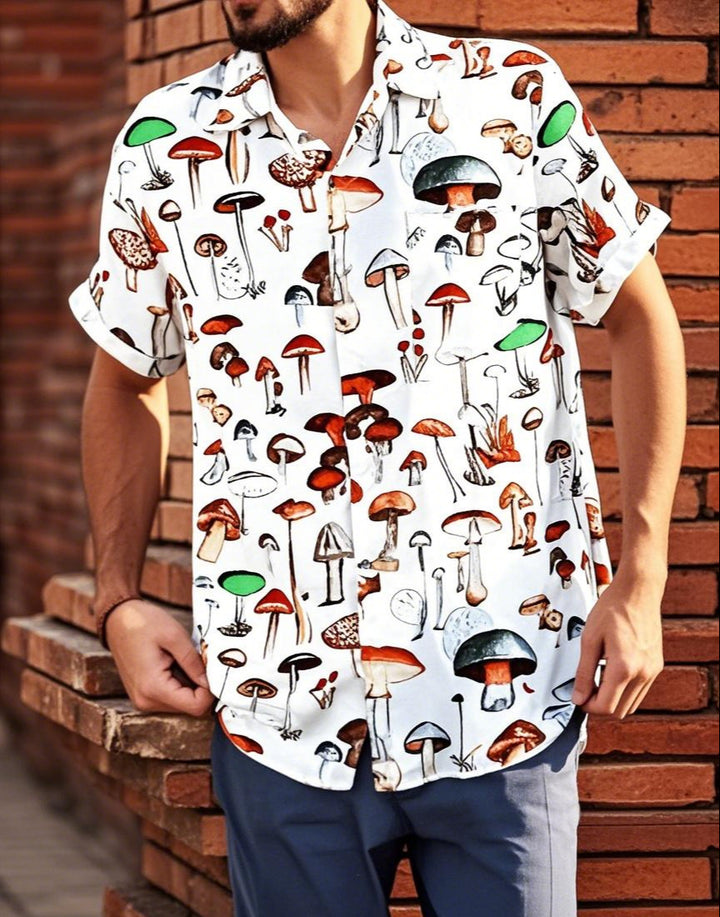 Short sleeve shirt for men with a colorful mushroom pattern and breathable cotton Lune London