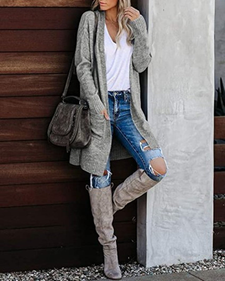 Women Long knitted cardigan with open front and cozy texture Lune London