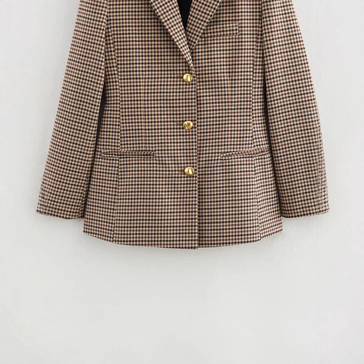 Plaid blazer for women with gold button details Lune London
