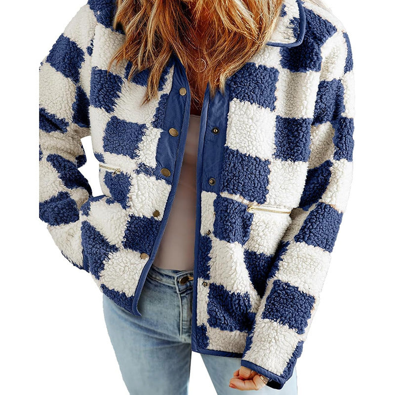 Ladies Cozy Wool Jacket with Modern Square Patterns Lune London