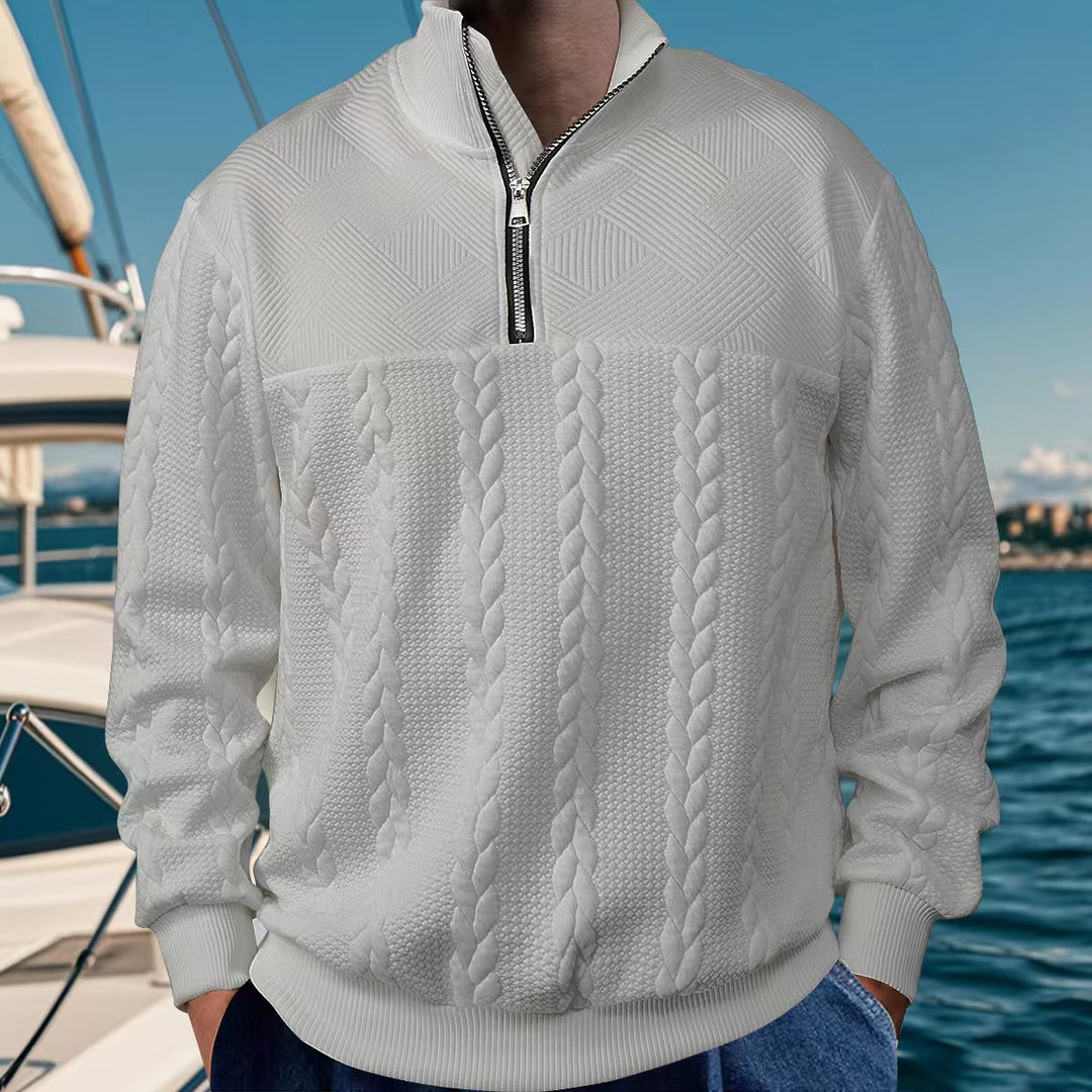 Men's textured cotton sweater with modern high collar and practical zipper Lune London