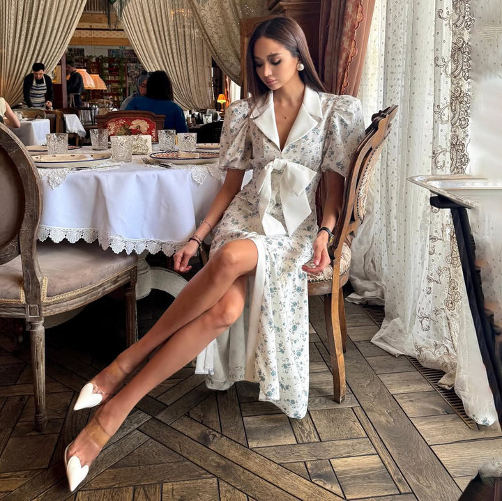 Maxi dress for women with puff sleeves and sash belt Lune London