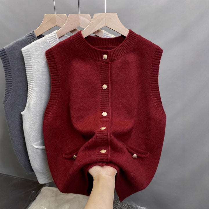 Knit vest for women with button details and practical pockets Lune London