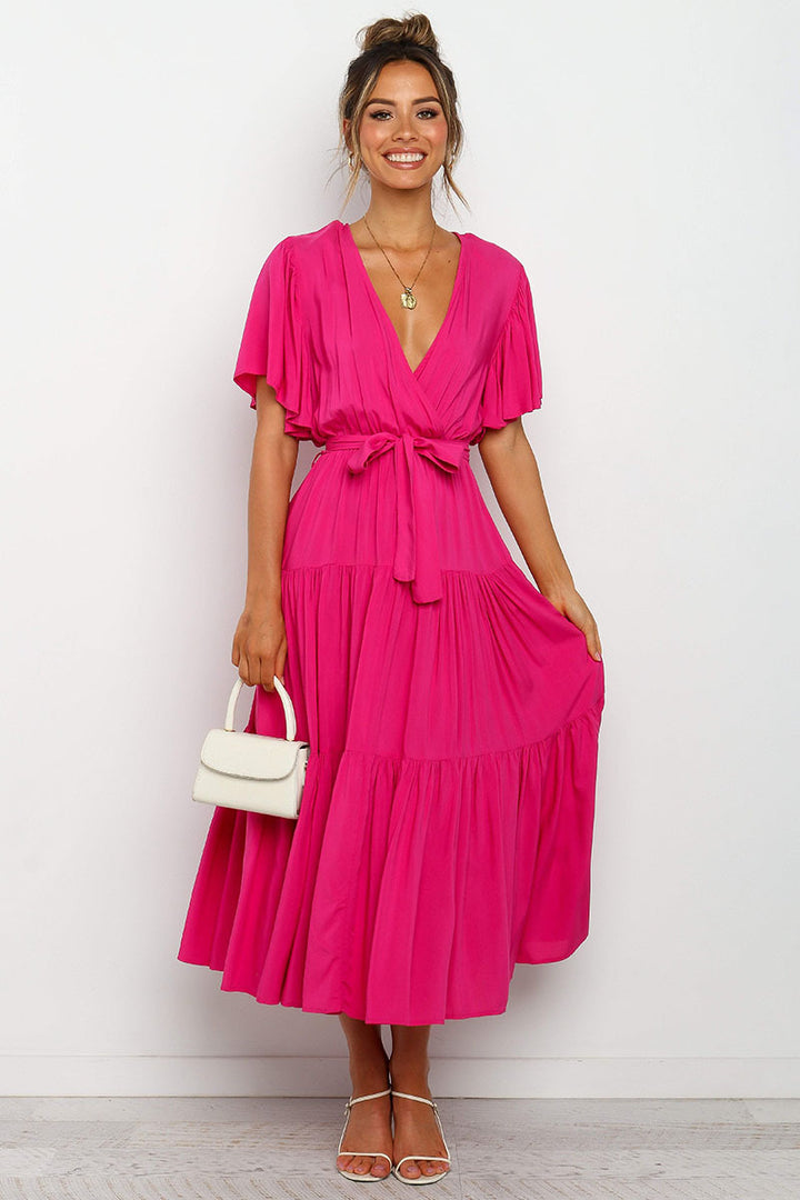 Lune London Fluid maxi dress for women with tie-up belt and butterfly sleeves