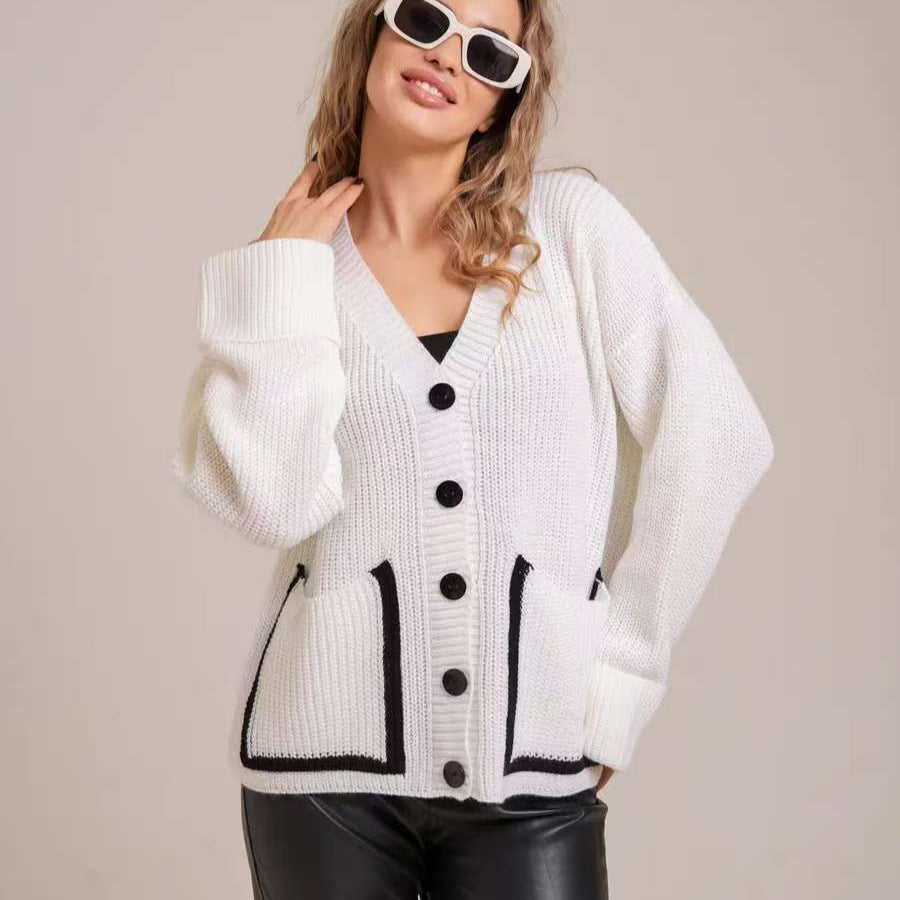 Ladies chunky knit cardigan with front openings and large buttons Lune London