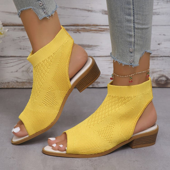 Ladies Open Mules with Knitted Design and Retro Block Heel Lune London