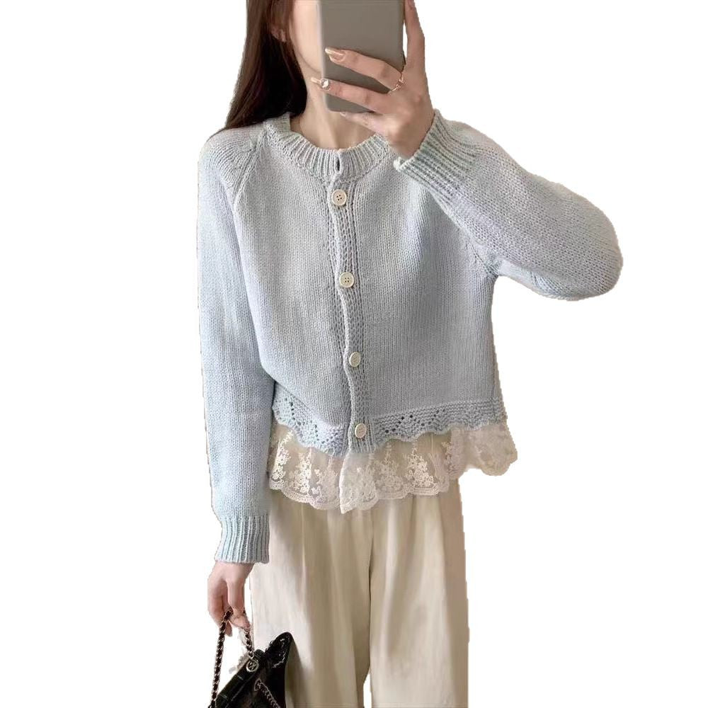 Women's knit jacket with decorative lace lining and button details Lune London