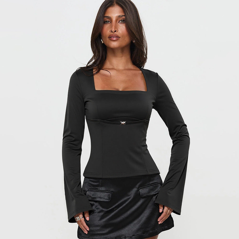 T-shirt à manches longues pour femmes avec décolleté rectangulaire et élégants détails de volants Chic & Stil
