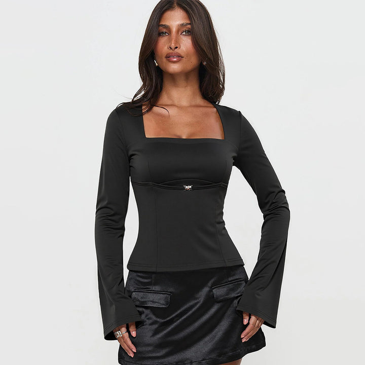 T-shirt à manches longues pour femmes avec décolleté rectangulaire et élégants détails de volants Chic & Stil