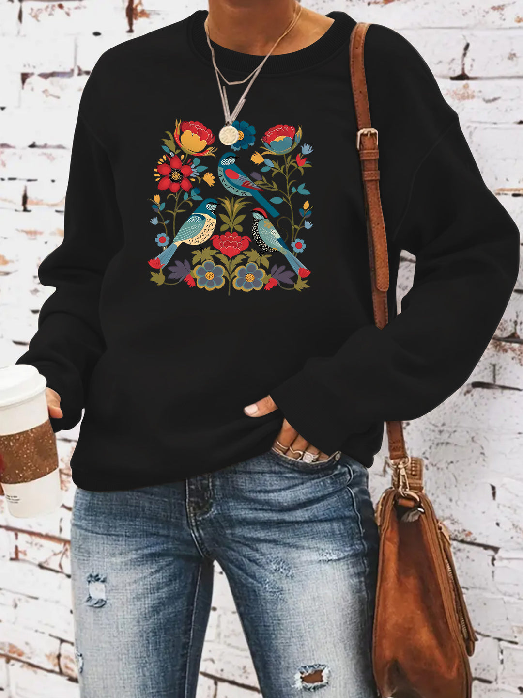 Sweatshirt pour femme avec motif floral d'oiseau et coupe décontractée Chic & Stil