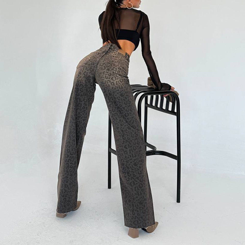 Women High Waist Jeans Trendy with Leopard Print Lune London