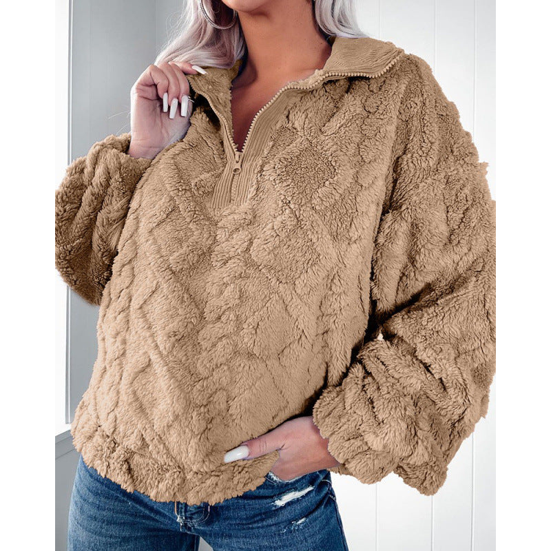 Cozy fleece sweater for women with high collar and half-zip Lune London