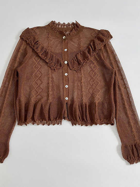 Ladies fine cardigan with ruffle details and button placket Lune London