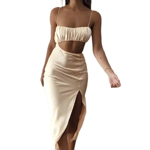 Women Elegant Cut-Out Dress with Thin Spaghetti Straps and Draped Top Lune London