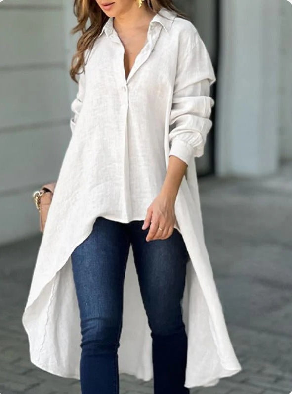 Casual blouses for women - Long T-shirt in high-quality linen blend Lune London