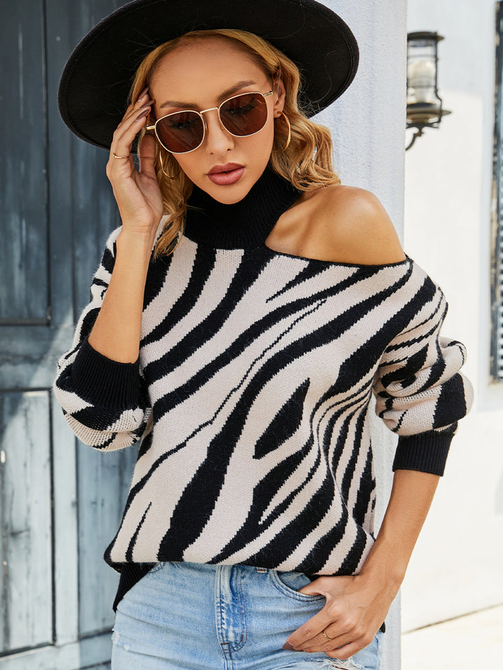 Women's patterned sweater with asymmetrical neckline and ribbed knit Lune London